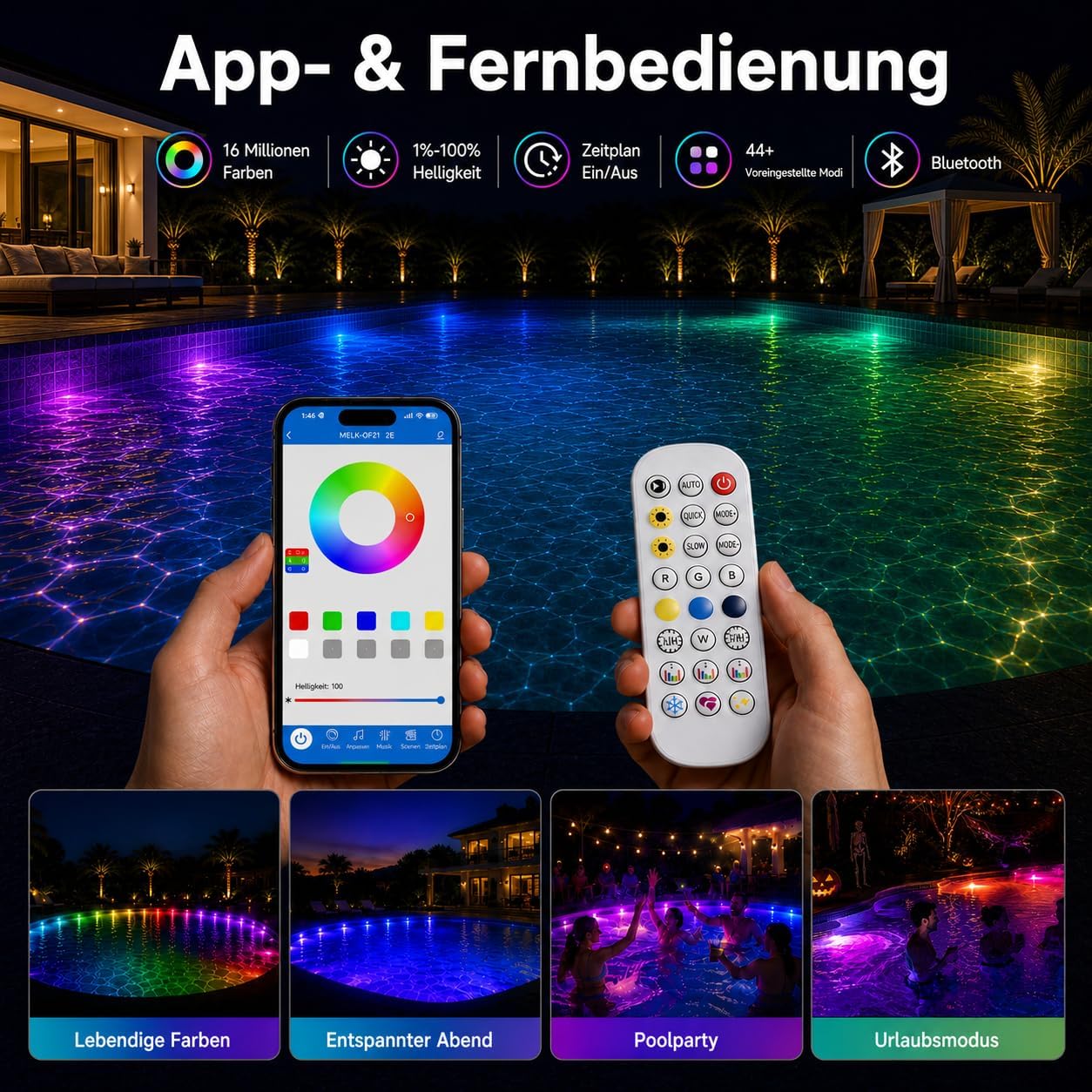 Detalle de SOIARLLT 8-in-1 Poolbeleuchtungssystem – 15 m, RGB+IC, 24V, IP68
