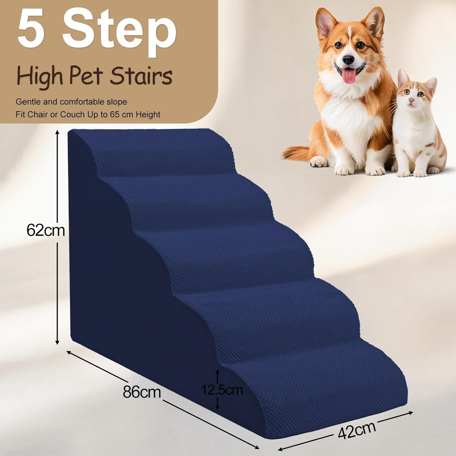 Detalle de Niubya Escalier pour Chien et Chat 62 cm – 5 marches bleue marine, mousse haute densité et housse lavable