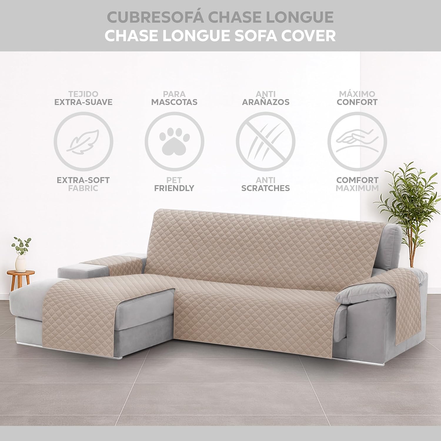 Thumbnail 1 de Textilhome Copridivano Chaise Longue Malu 240cm con Penisola Sinistra — Protezione Trapuntata beige, lavabile e reversibile