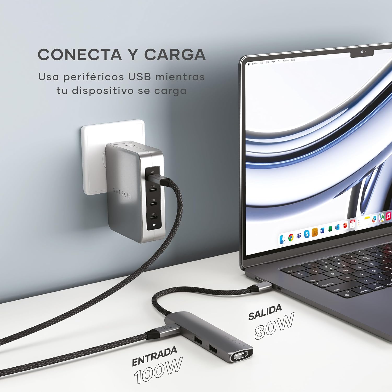 Detalle 2 de SATECHI Hub USB C 4 en 1 Slim Plus 🌐, HDMI 4K, 100W Carga
