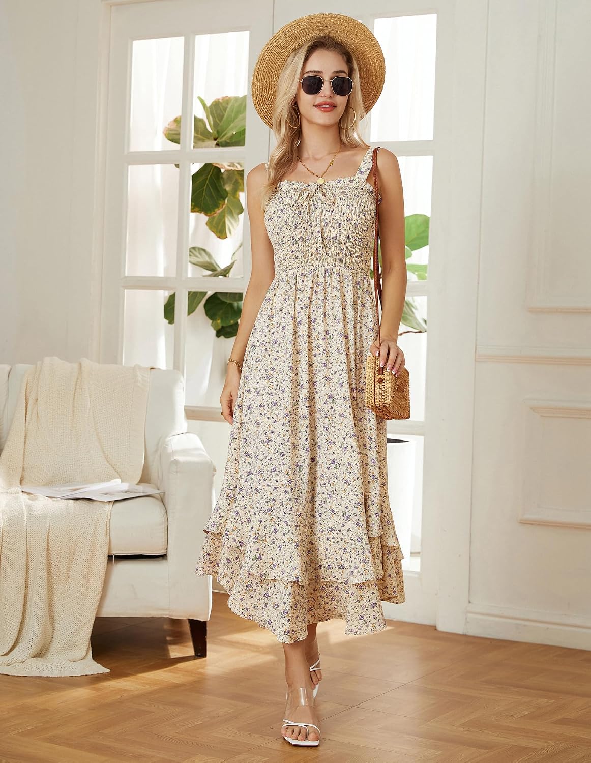 Detalle de GRACE KARIN Women's 2026 Summer Floral Boho Dress: Square Neck, Strapped Maxi for Beach to Party