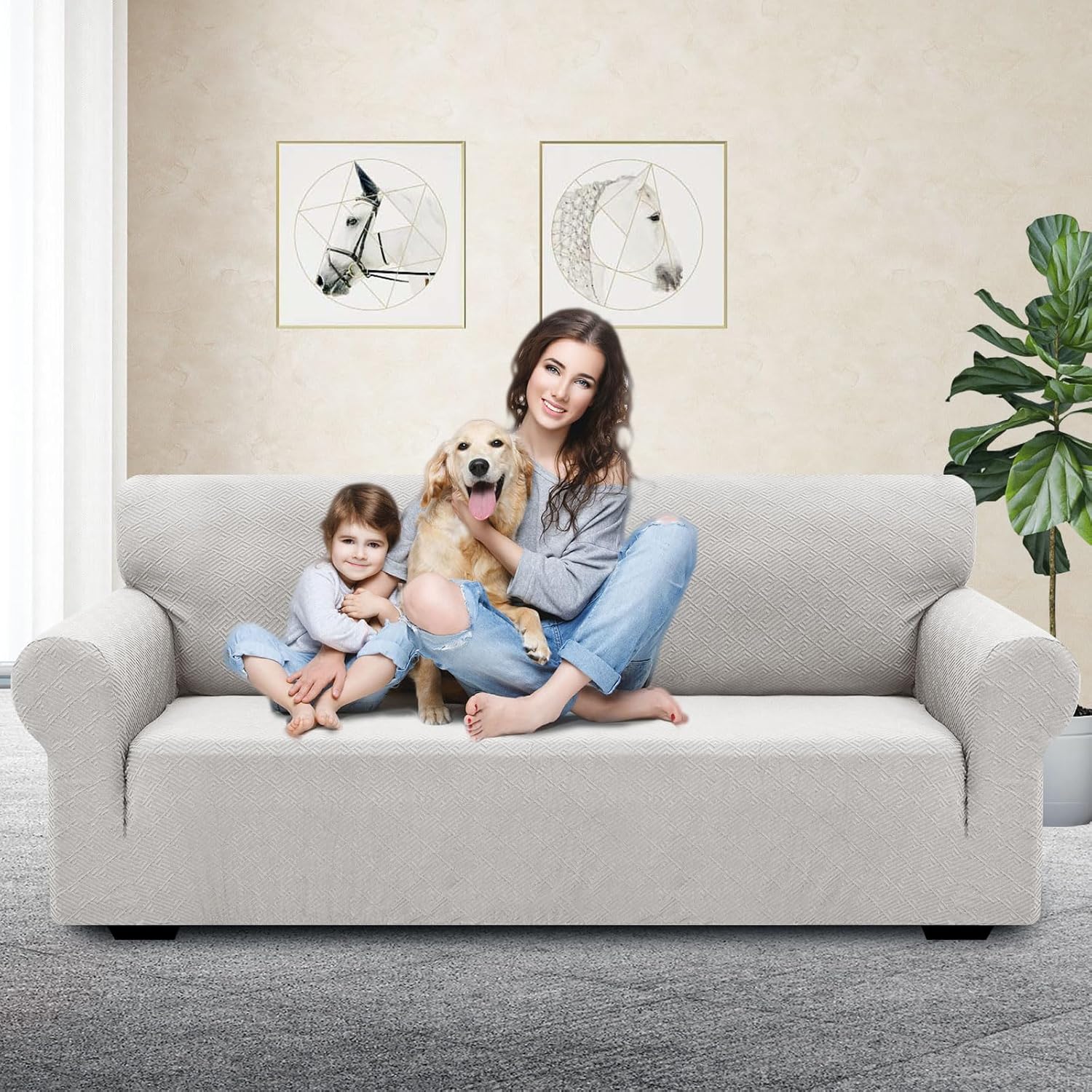 Detalle 2 de YSTELLAA Copridivano 4 posti con braccioli elasticizzato jacquard grigio silver
