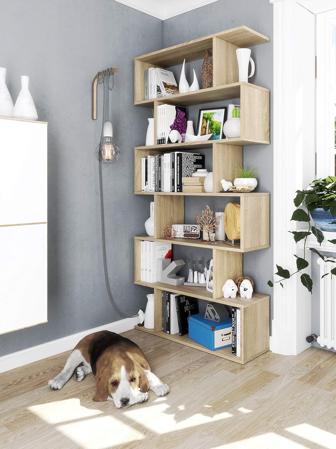 Detalle de Dmora Libreria Design 3 scaffali bifacciale Rovere, 110 x 97 x 25 cm