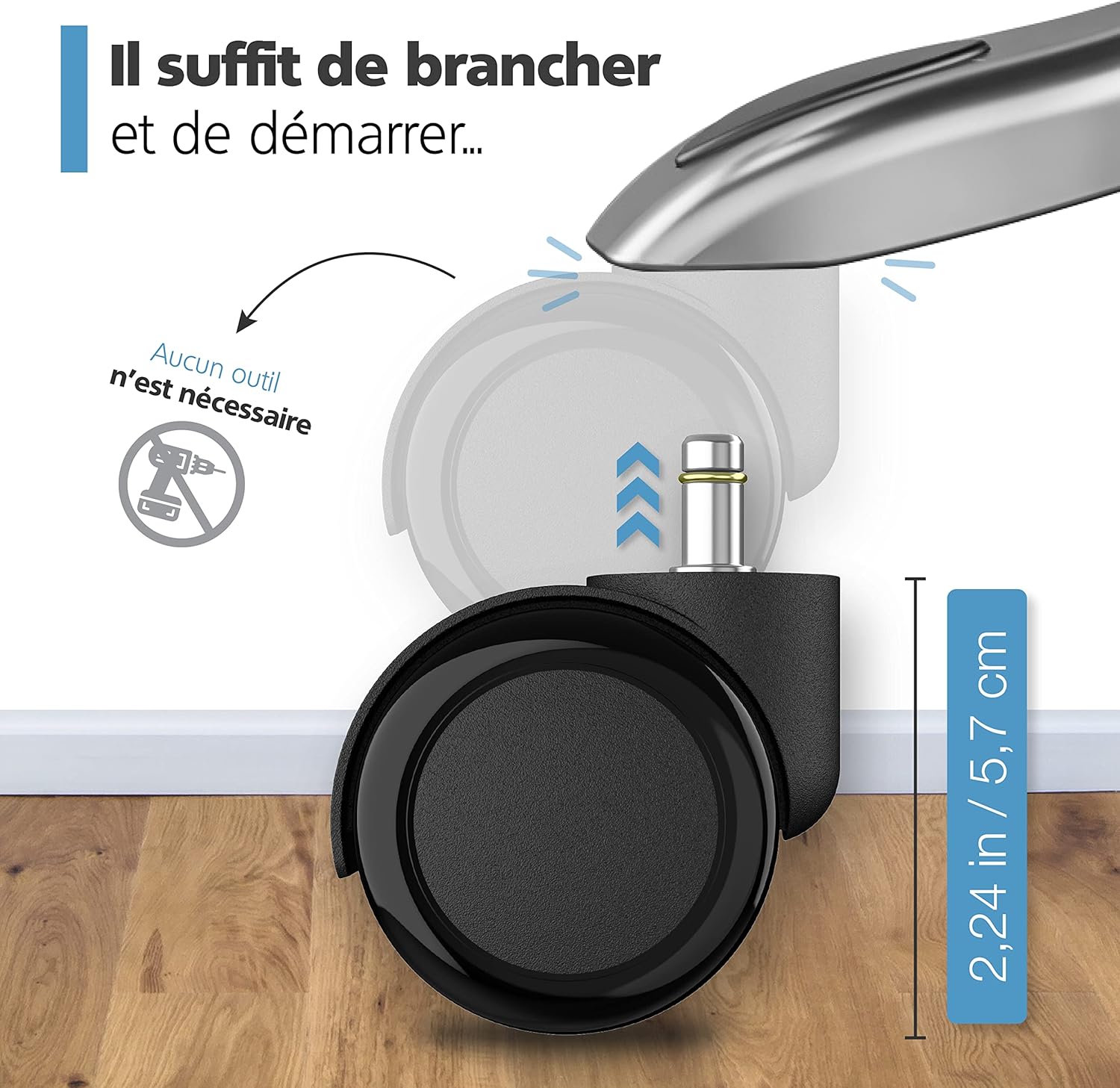 Detalle de RAVN HAMAN – Jeu de 5 roulettes de chaise de bureau 10 mm x 22 mm pour sols durs (175 kg au total) – Installation sans outil