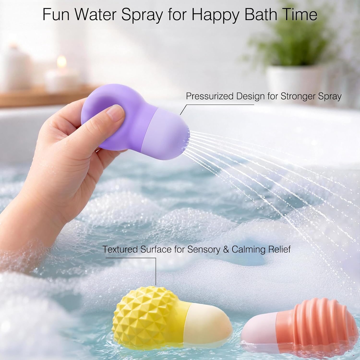 Thumbnail 1 de Sensory Squeezing Water Bath Toys for Toddlers – 3-Piece Silicone Bath Toys with Water Jet Action
