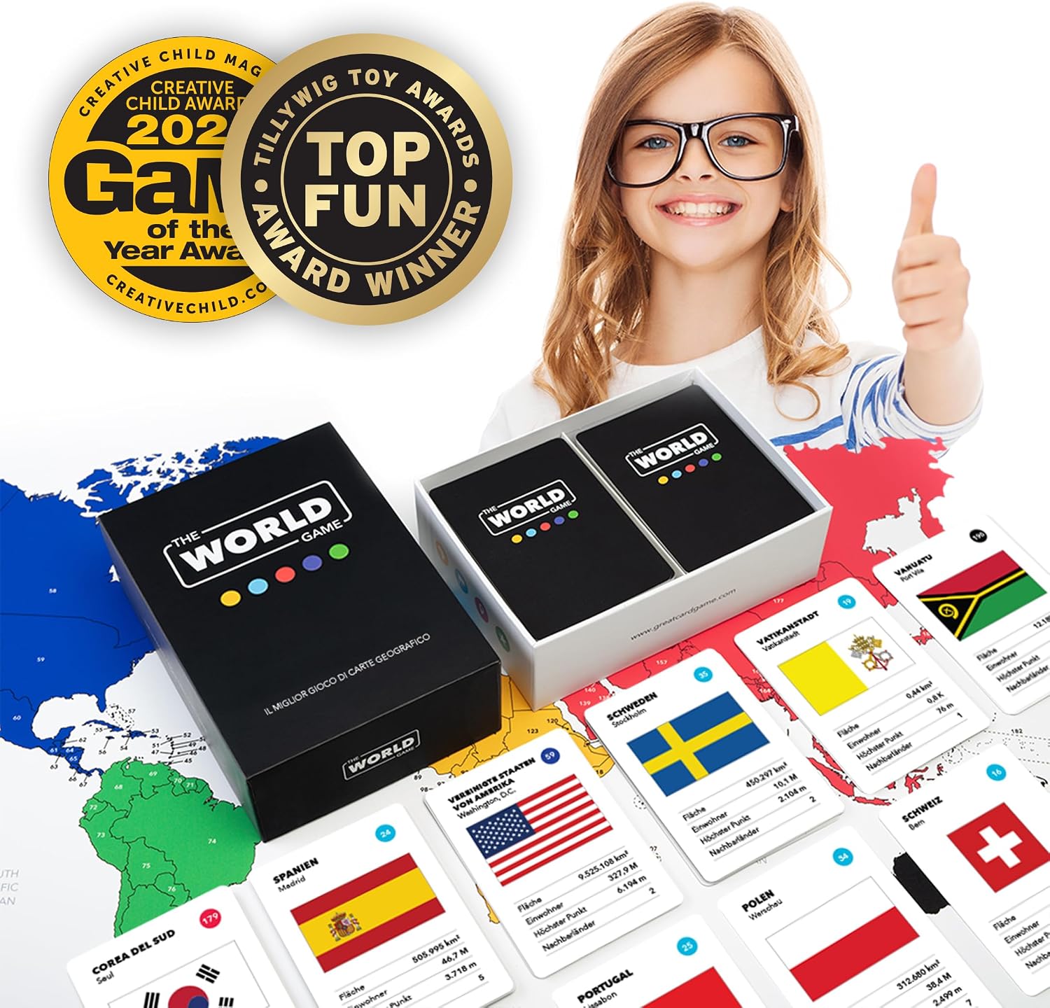 Detalle 2 de The World Game Gioco di carte Geografia in italiano, per famiglie e bambini (2–5 giocatori)