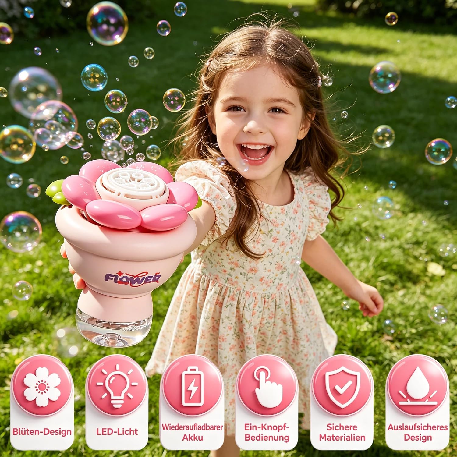Detalle de PANACARE Blumen Seifenblasenmaschine – Automatische Bubble Machine mit LED-Blüten, Akku, 10000+ Blasen/Min., für Kinder