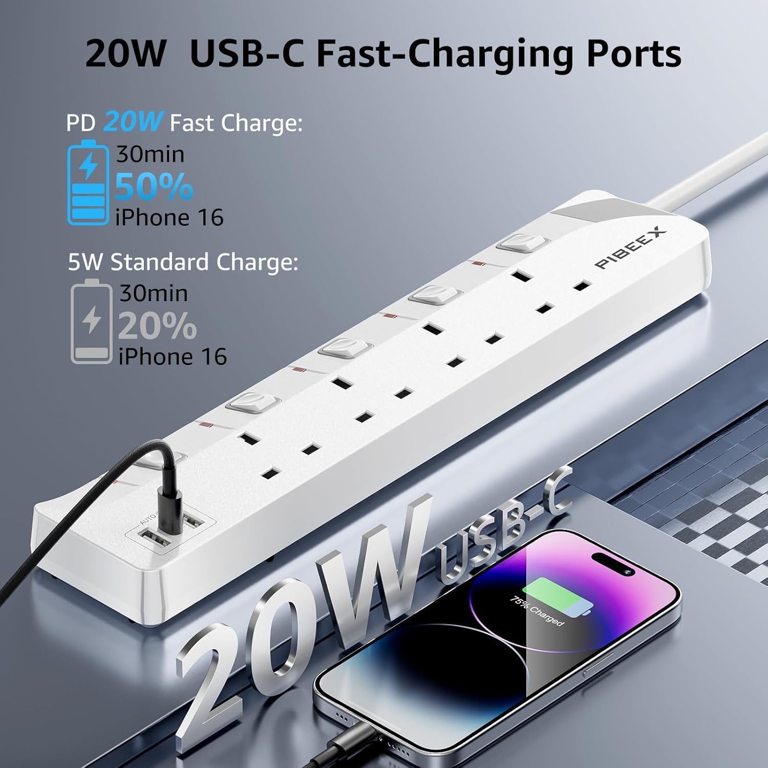 Thumbnail 2 de 10m Extension Lead with USB‑C (20W PD) and 4 Way Multi‑Plug – 13A Fused UK Plug with Individual Switches