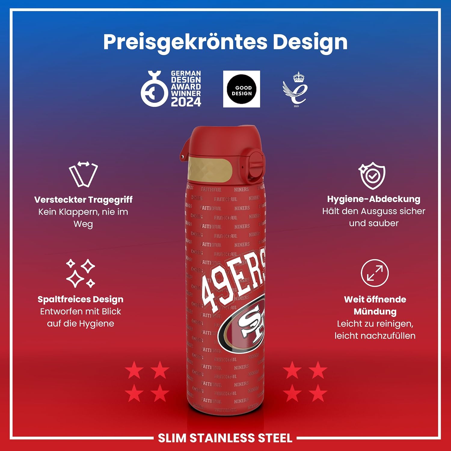 Thumbnail 6 de ion8 NFL Edelstahl-Trinkflasche – Auslaufsicher, Einhandöffnung, Spülmaschinenfest