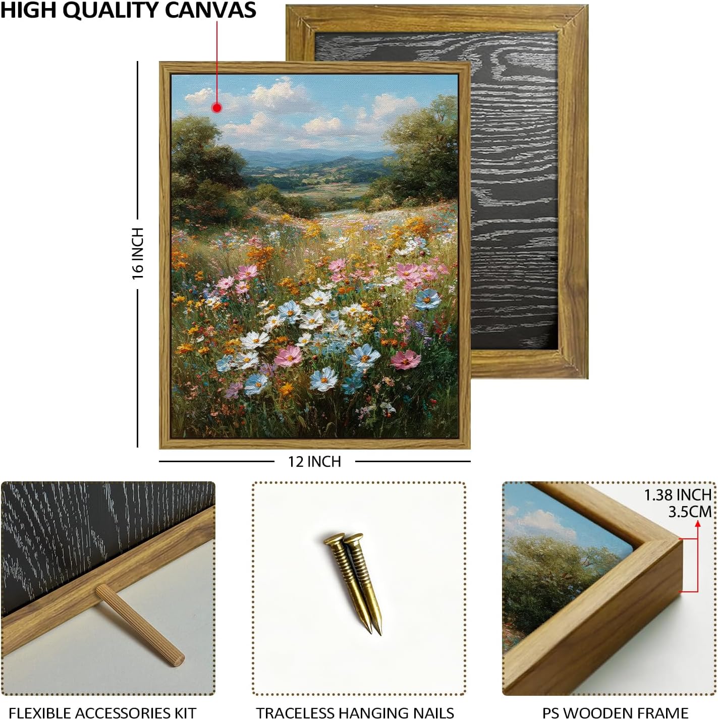 Thumbnail 2 de AREBOLO Colorful Daisy Framed Canvas Wall Art (12 x 16 inch) for farmhouse wildflower decor