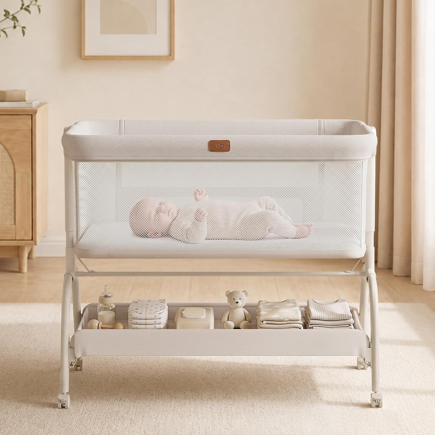 Detalle de BabyBond Bedside Crib with 6 Heights, Full Mesh, Mattress and Sheet