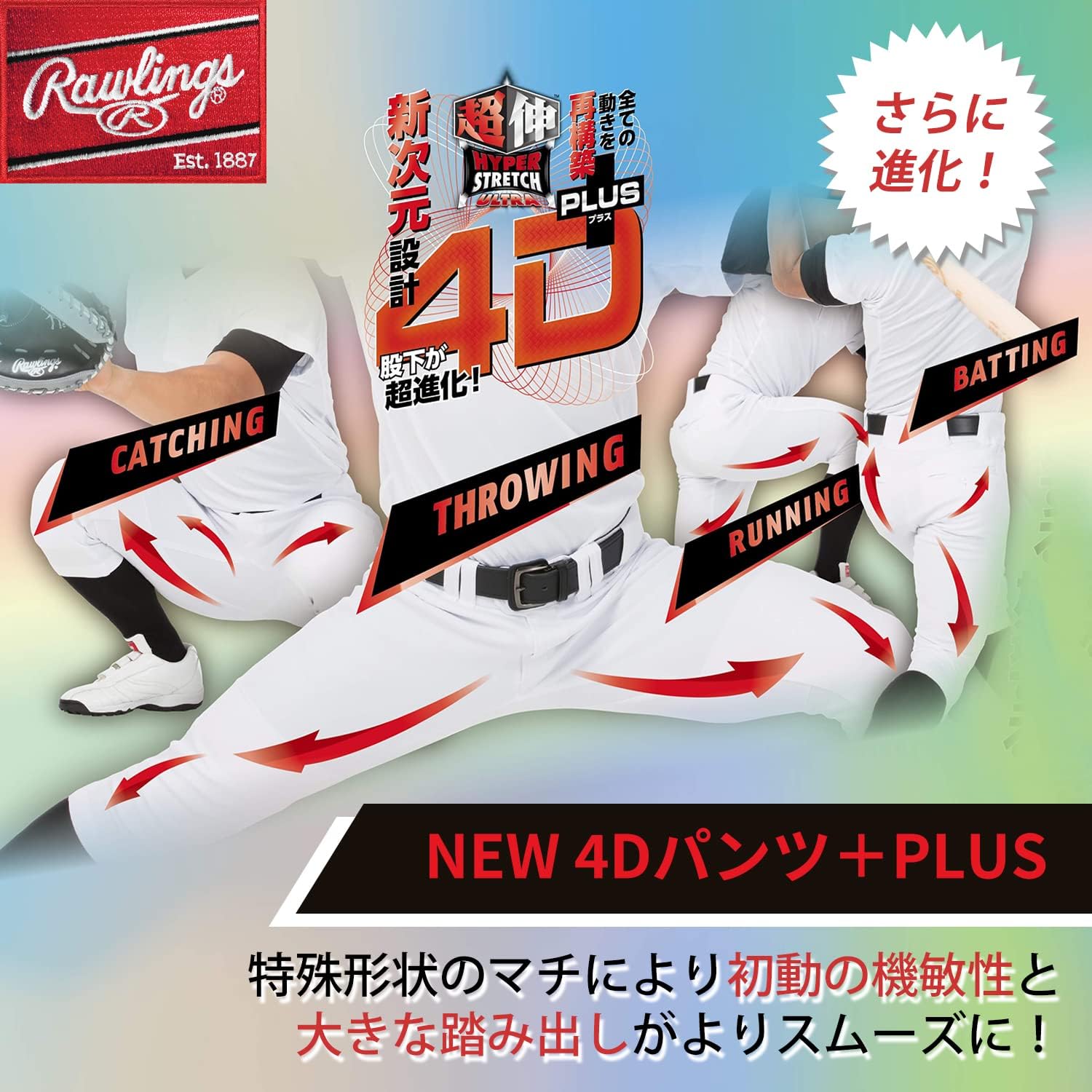 Detalle 2 de Rawlings 4D+ ウルトラハイパーストレッチ野球パンツ 立体設計・防汚加工・吸汗速乾