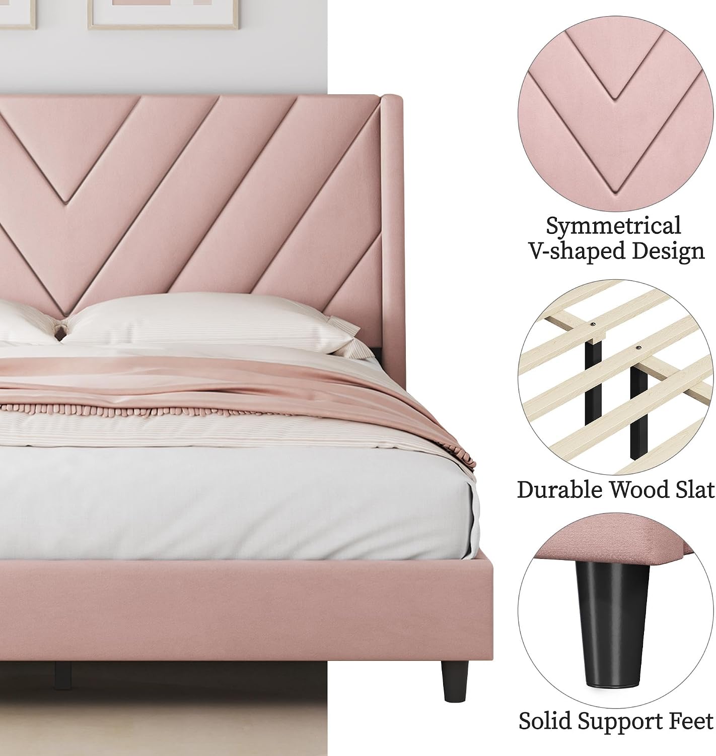 Detalle de Yaheetech YT-00142947 Queen Upholstered Platform Bed Frame, Pink Velvet