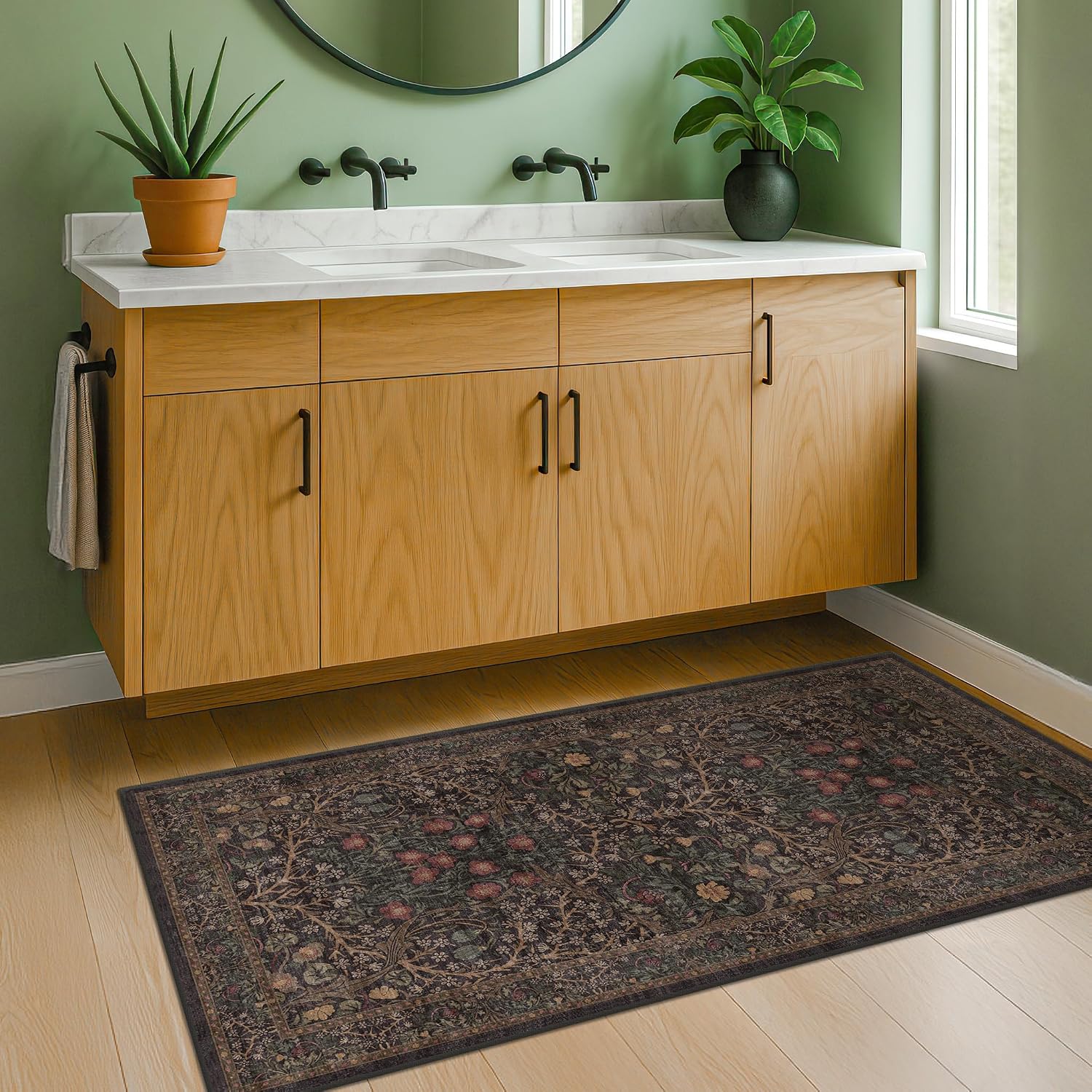 Thumbnail 3 de Hazo Haus RUG 002 Dark Brown 2' x 4' Washable Low-Pile Floral Runner