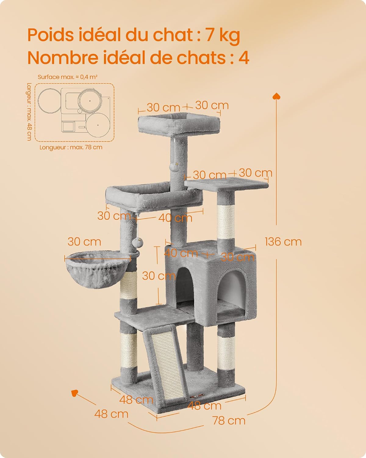 Detalle de Feandrea Arbre à Chat PCT012GD01 : tour intérieure avec 3 plateformes, niche et poteaux à griffer