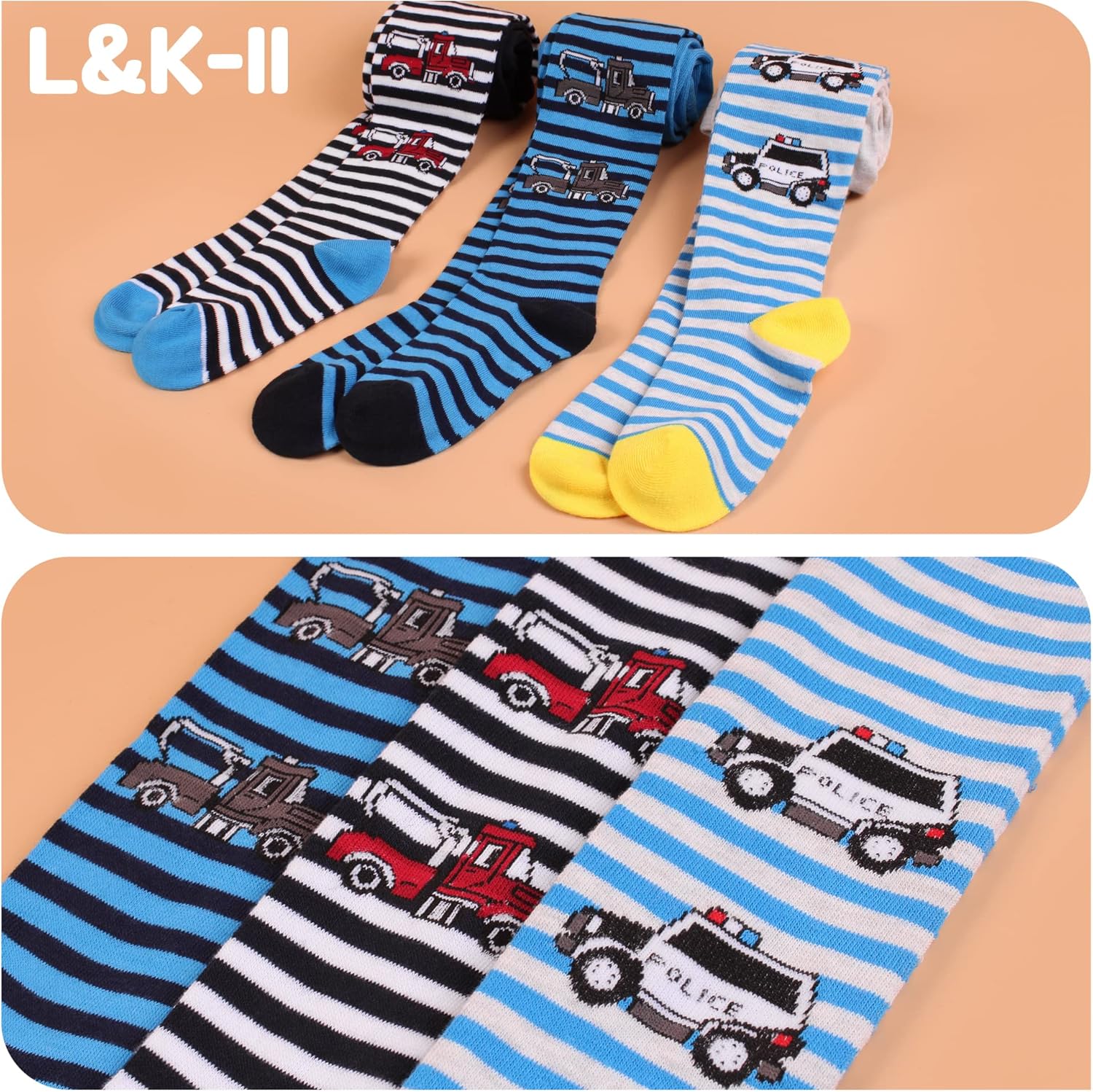 Detalle 2 de L&K-II Lot de 6 collants en tricot pour garçons — motifs football et voiture, multicolore
