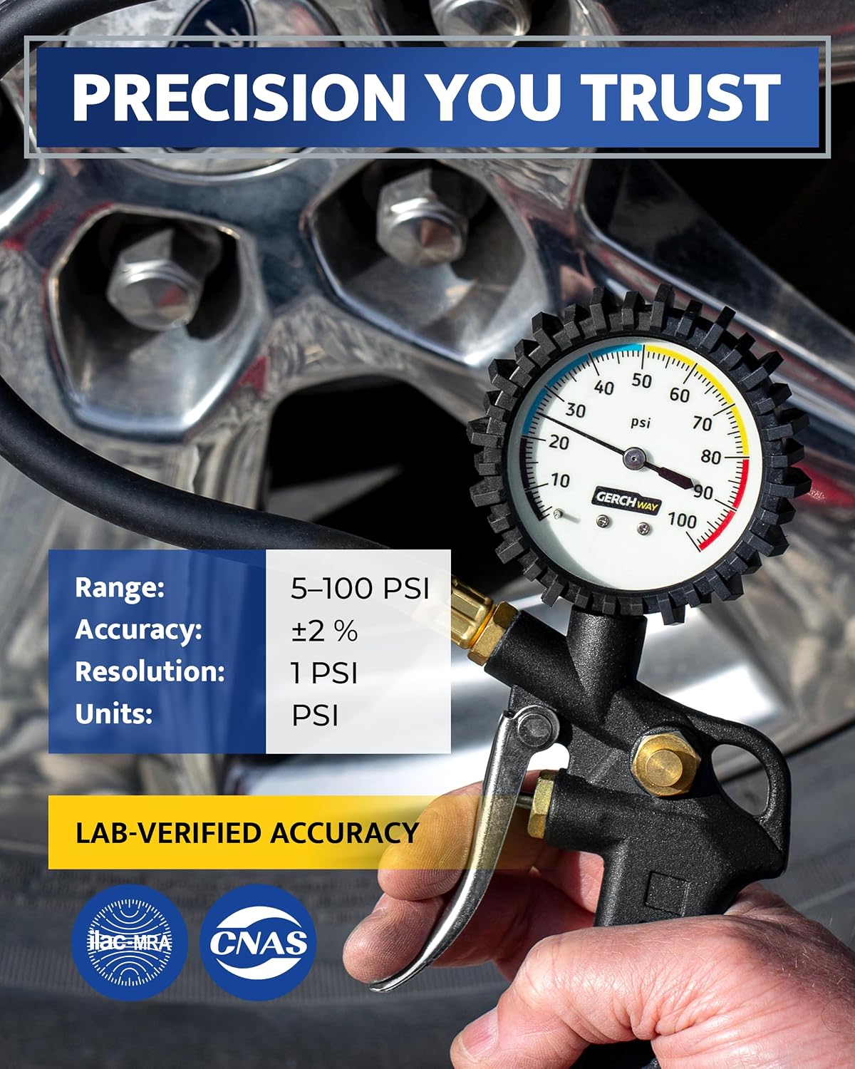 Thumbnail 2 de GERCHWAY Tire Inflator with Pressure Gauge – Large Glow Dial, Swivel Chuck, and 100 PSI capability