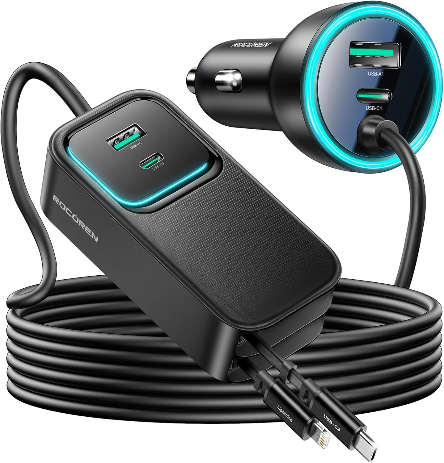 Detalle de Rocoren Retractable Car Charger 135W Fast Charge: 6-in-1 USB-C Car Adapter with 80cm Retractable Cable