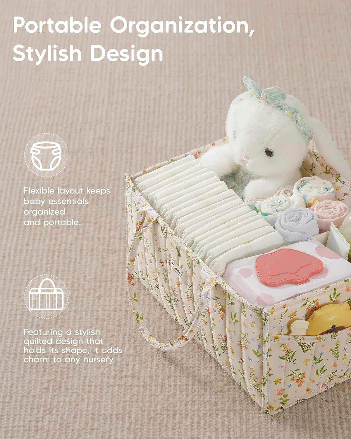 Thumbnail 3 de Maliton Nappy Caddy Organiser: Floral Baby Changing Station with Removable Dividers