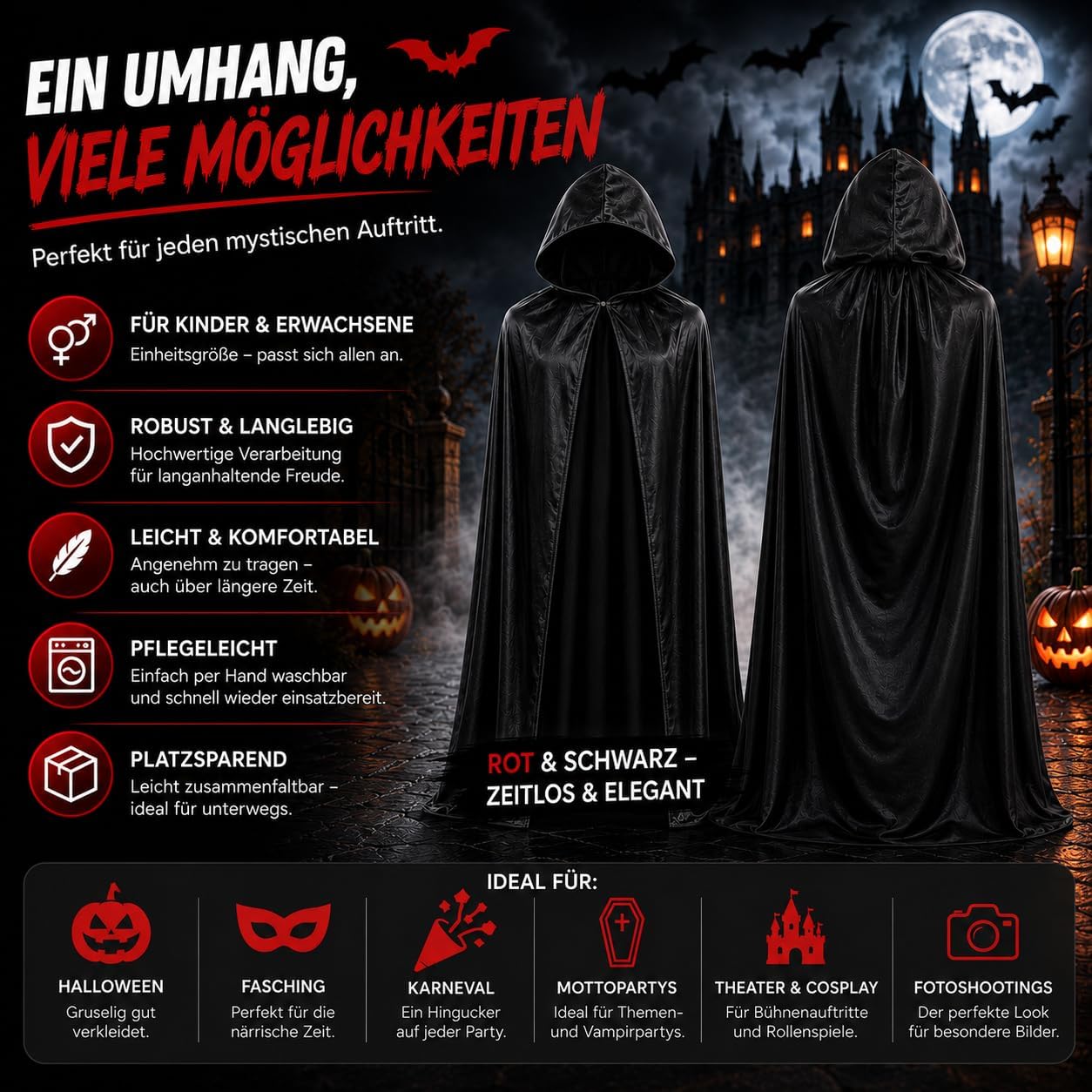 Detalle de Costumed TK349493 – czarna peleryna z kapturem i wiązaniem przy szyi