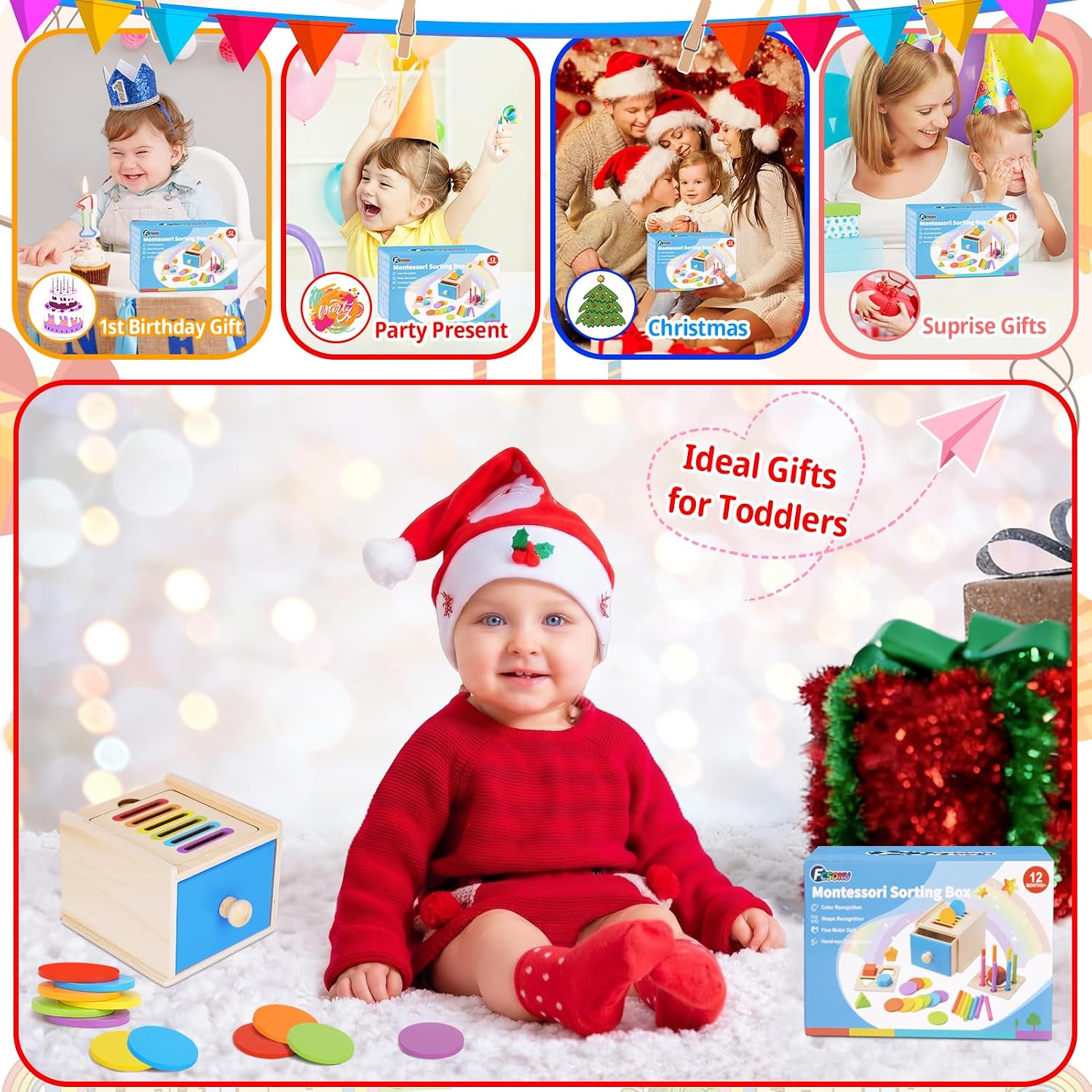 Thumbnail 6 de FCSONU Wooden Shape-Sorting Toy with 3 Activity Lids and 31 Blocks