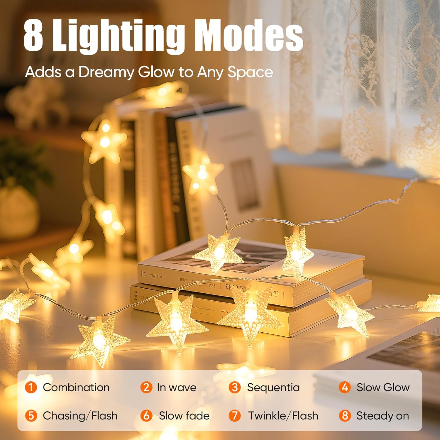 Thumbnail 4 de Star Moon Ramadan Rechargeable 100LED Star Fairy Lights – 10m Indoor String with 8 Modes and Timer