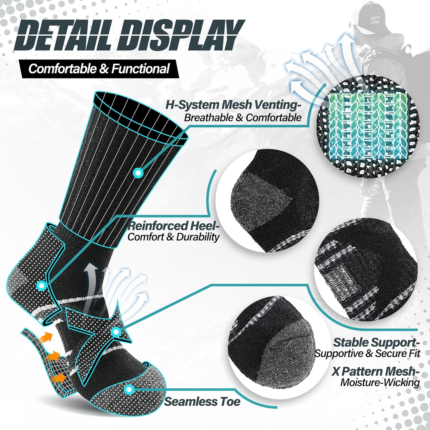 Detalle 2 de ANTSANG Merino Wool Hiking Socks, 5-Pair Crew Boot Socks with Targeted Cushion