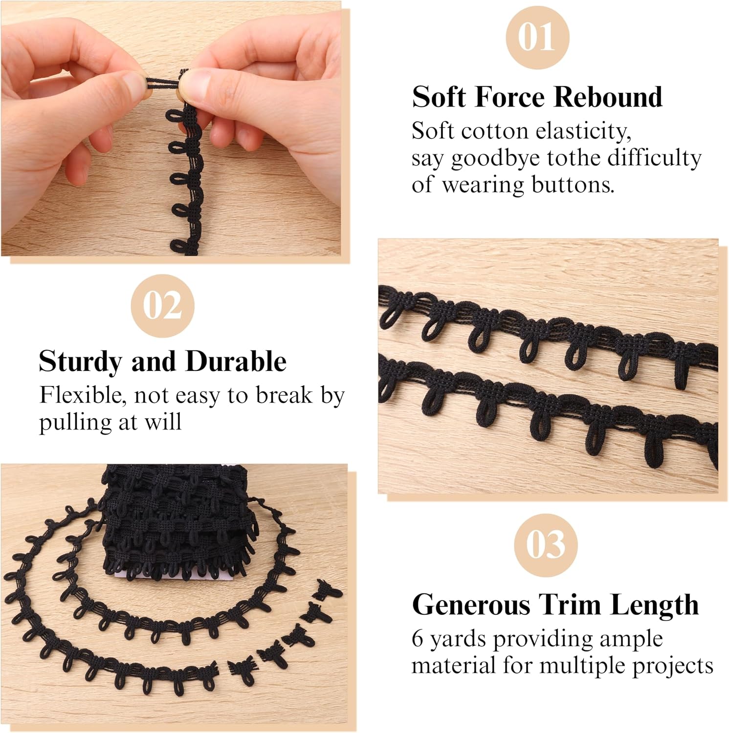 Detalle 2 de IDONGCAI Petite Braid Trim with Elastic Button Loop, Black, 6 Yards