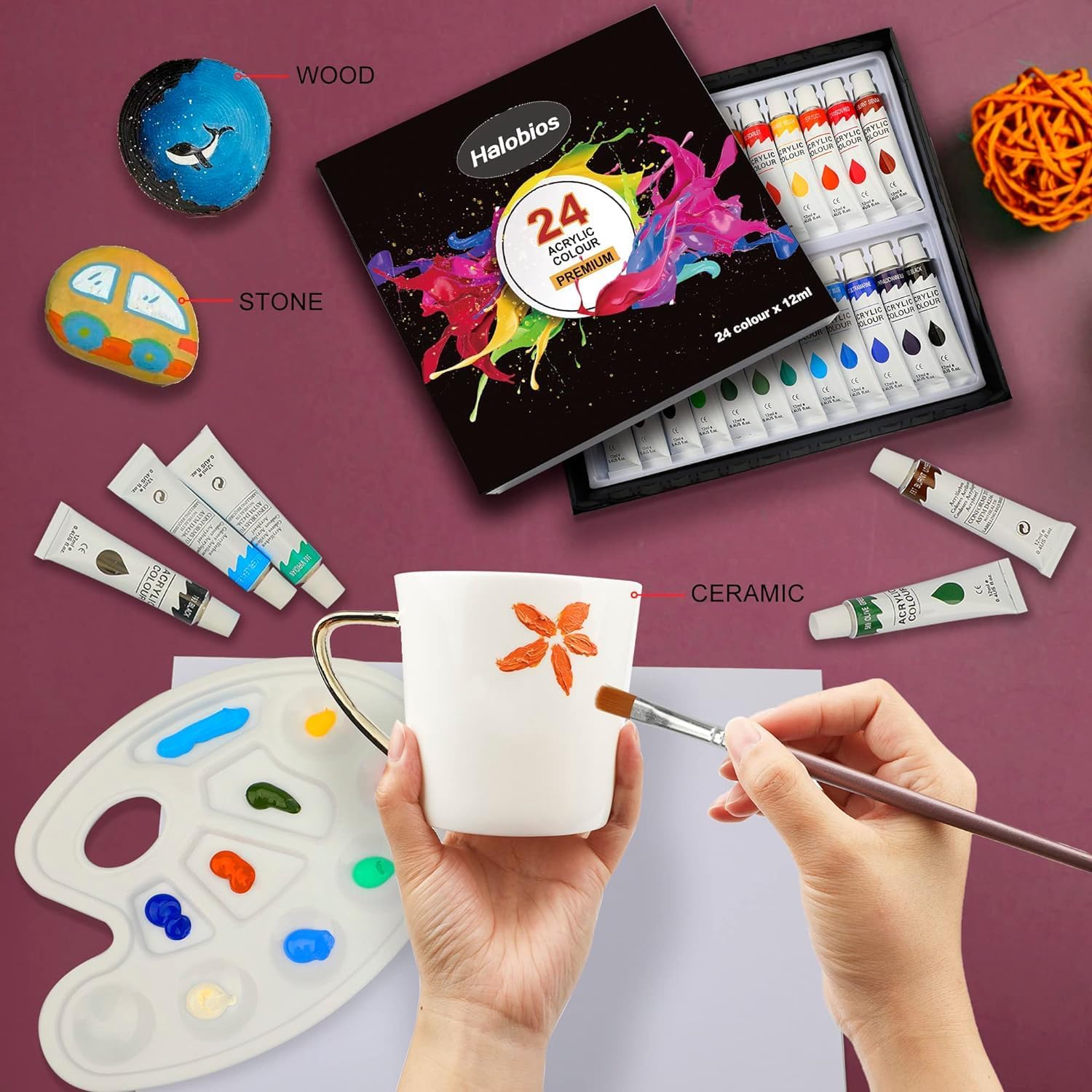 Thumbnail 3 de Halobios 24-Color Acrylic Paint Set (12ml) with Brushes, Palette and Canvas – Practical Starter Kit