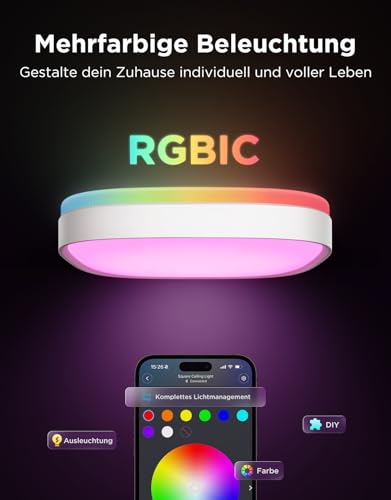 Detalle de Govee Deckenleuchte RGBIC 24W – 2400 lm, 30×30 cm, smarte LED-Deckenlampe