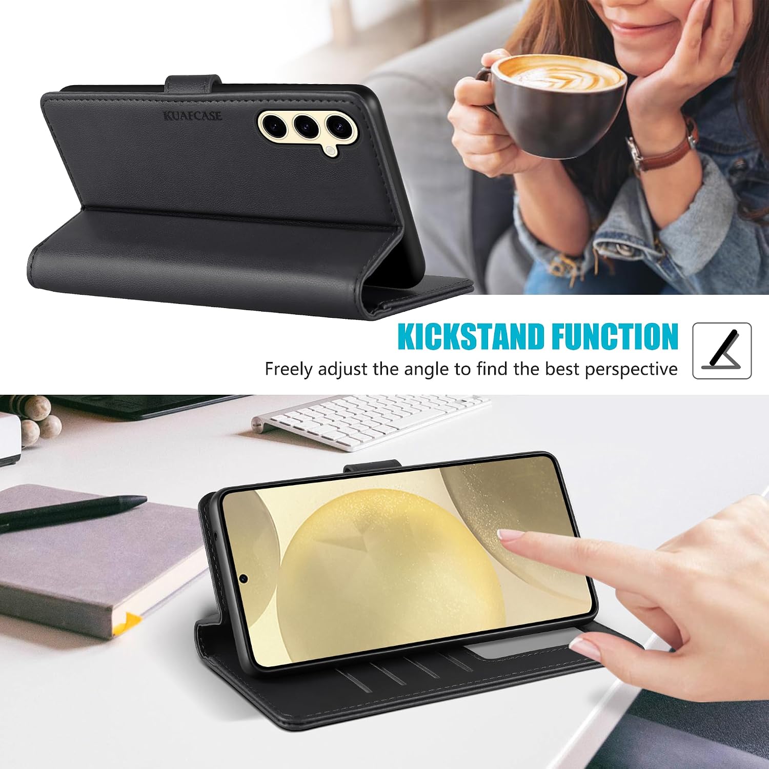 Thumbnail 3 de Kuafcase Wallet Case for Samsung Galaxy S24 — Black with 4 Card Slots, Kickstand and Magnetic Closure