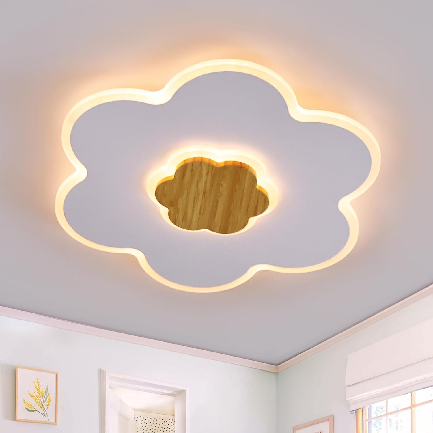 Plafonnier LED enfant en forme de fleur (bois) dimmable 3000K–6000K, 35W, 50 cm avec veilleuse