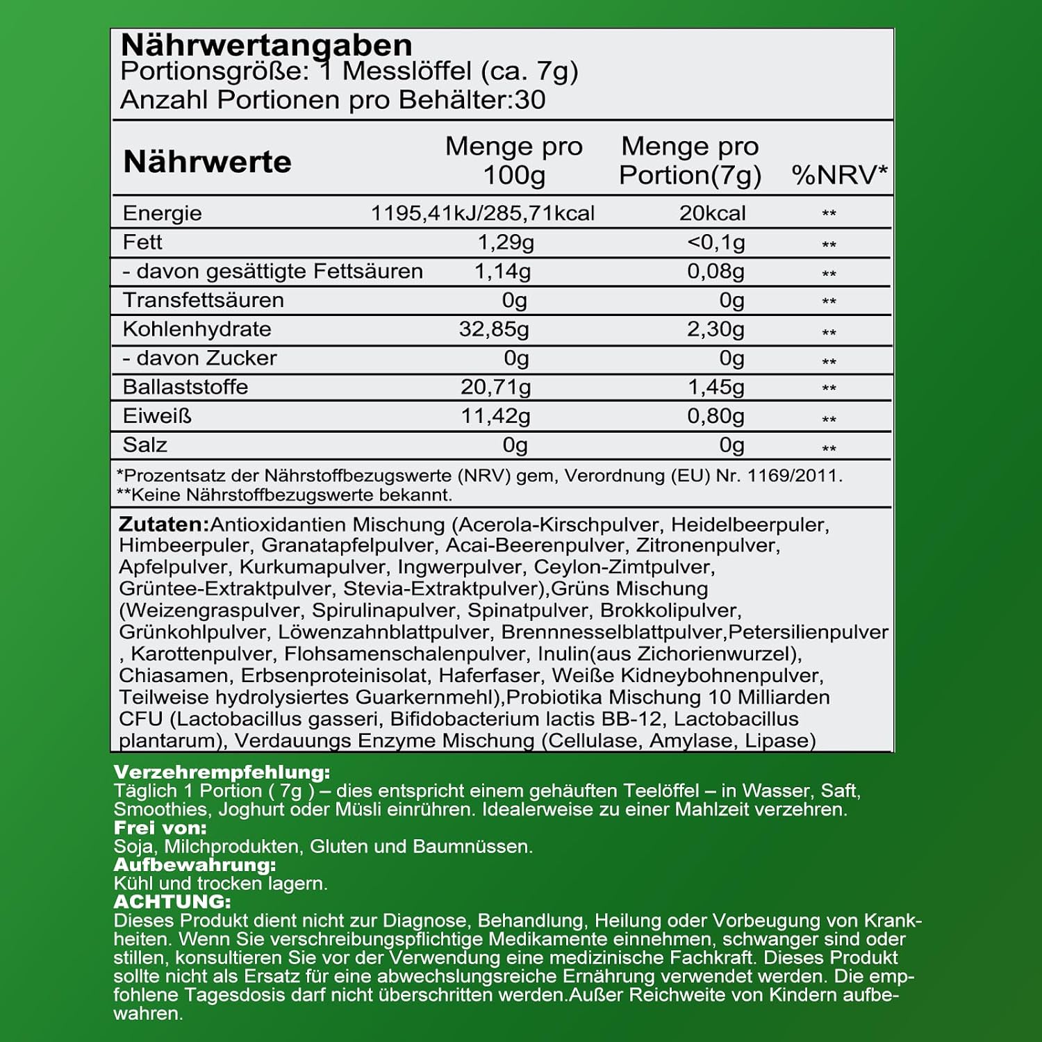 Detalle de Grünes Superfood Pulver 210g – Vegan Greens Mix mit Matcha, Spirulina, Gerstengras & Heidelbeere