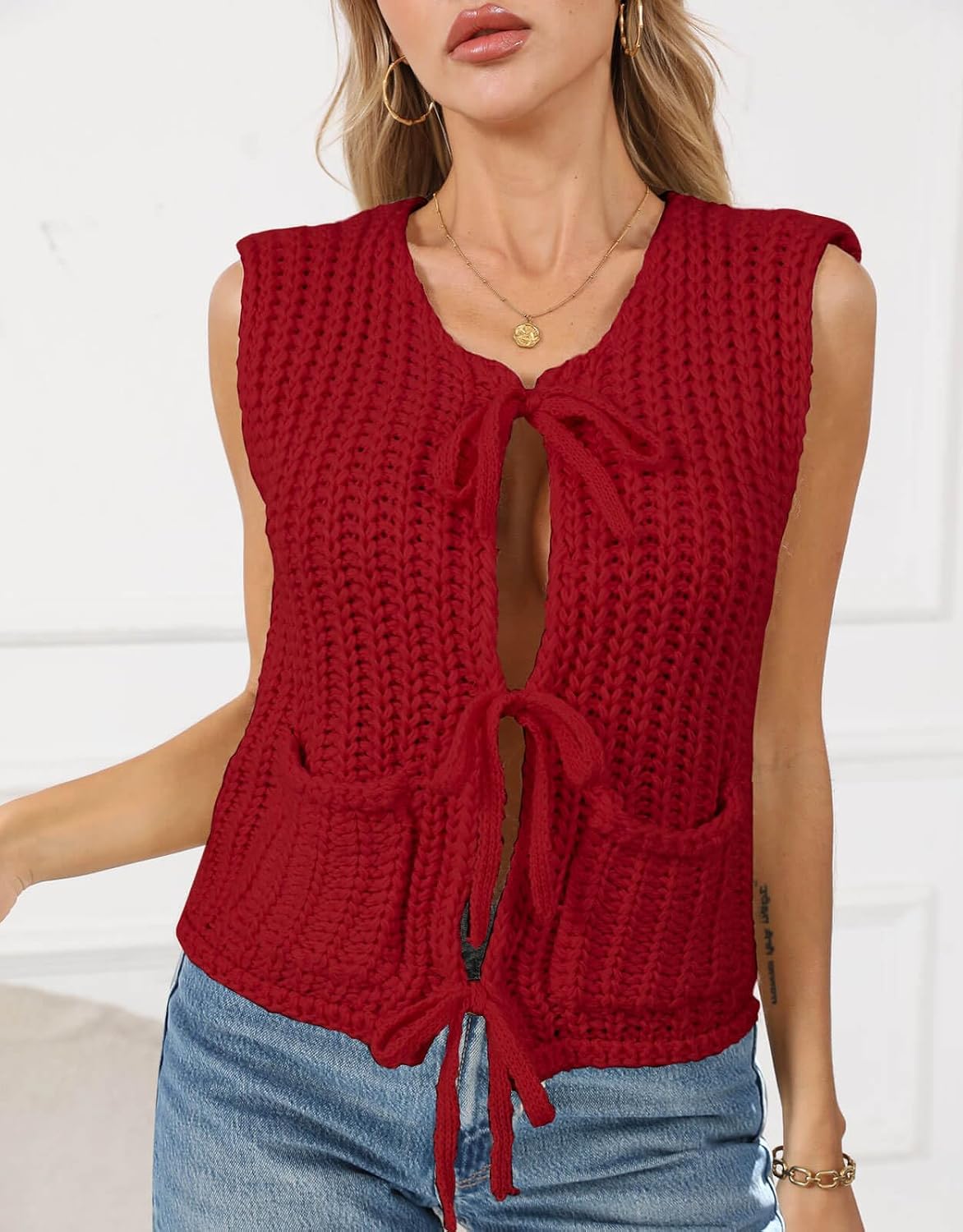 Thumbnail 6 de Crochet Knit Sweater Vest with Pockets