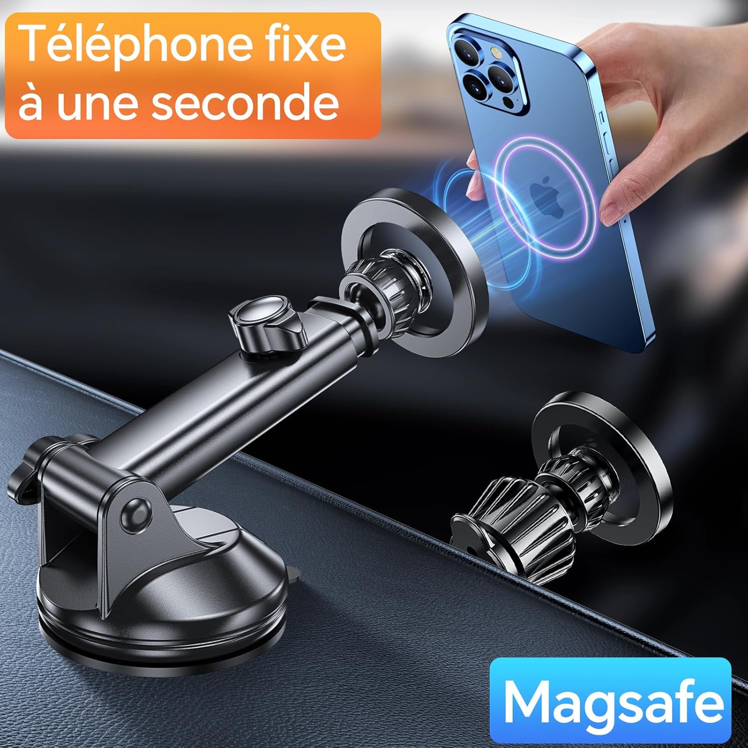 Thumbnail 3 de Coolpow Support Téléphone Voiture Magnétique avec bras télescopique 360° (aimant MagSafe, ventouse gel)