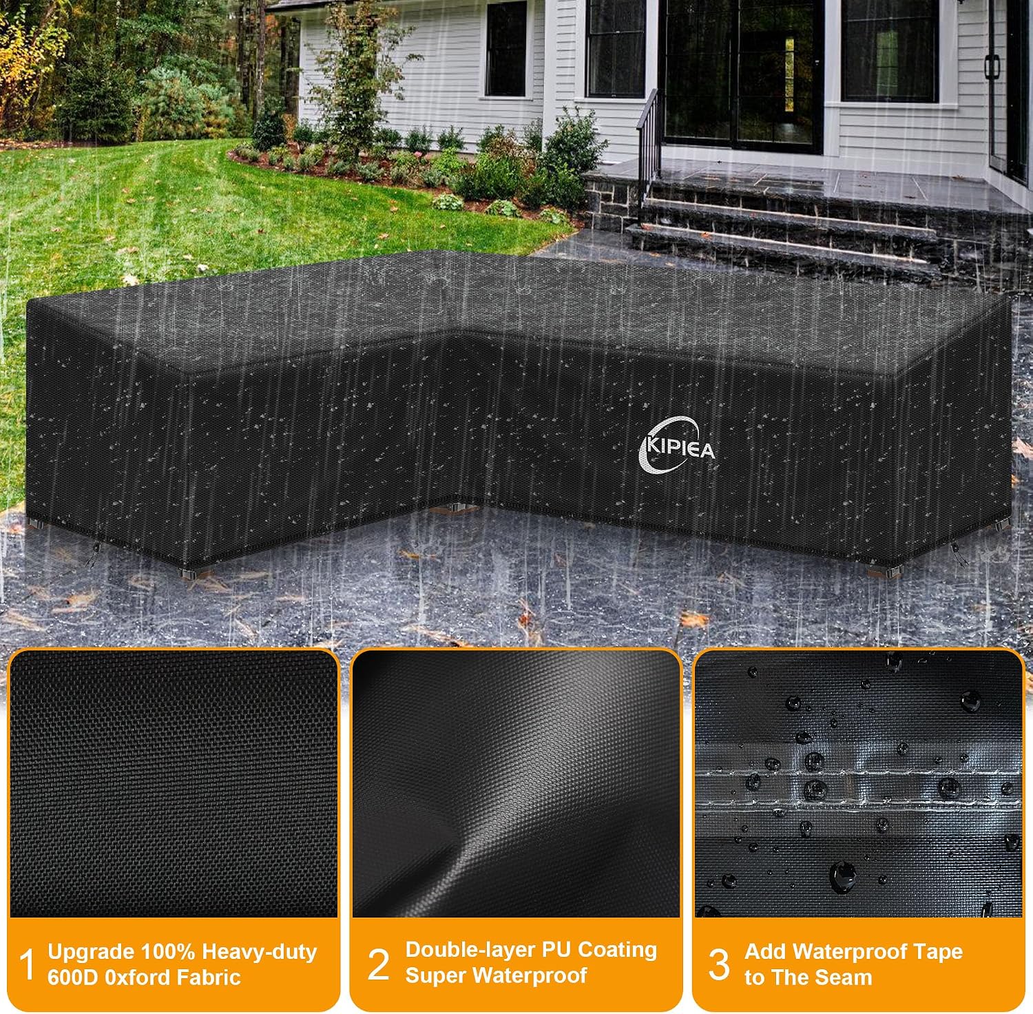 Detalle de Kipiea 58" x 85" L-Shaped Patio Furniture Cover, 600D Waterproof Oxford