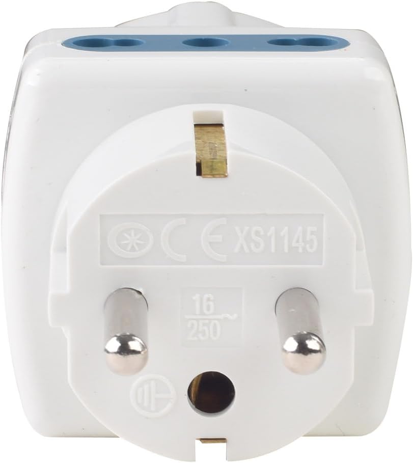 Detalle de Adattatore Multiprese da Viaggio: 2 prese bipasso 10/16A + 1 universale, compatibile Schuko e 16A 2P+T