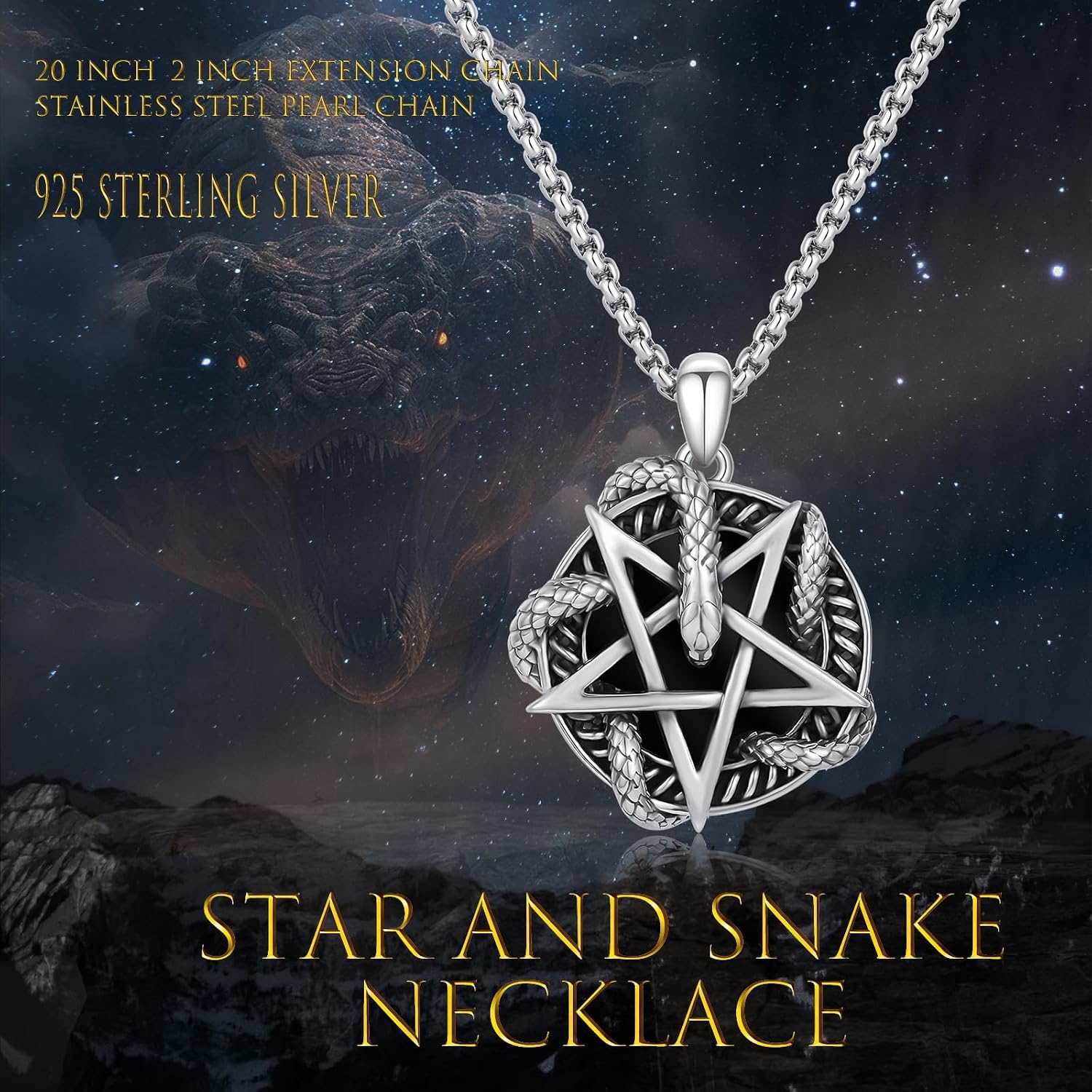 Thumbnail 1 de PARYFO Gothic Anhänger Halskette aus Sterling Silber 925 mit Totenkopf-/Voodoo-/Schlangen-Design, Pentagramm & Edelstahlkette