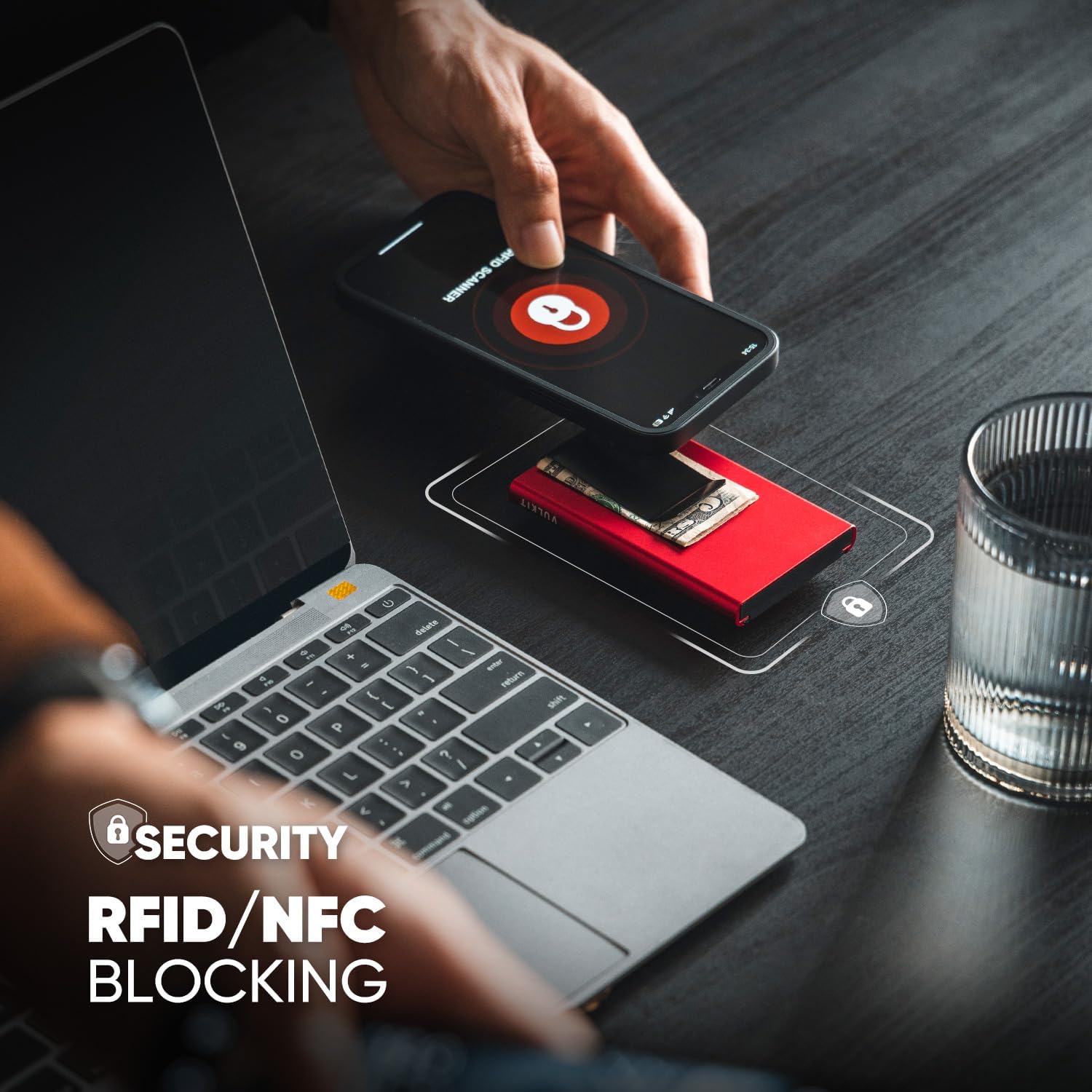 Detalle 2 de VULKIT Slim Card Wallet with Money Clip (Aluminium Pop-Up) – Red RFID Blocking