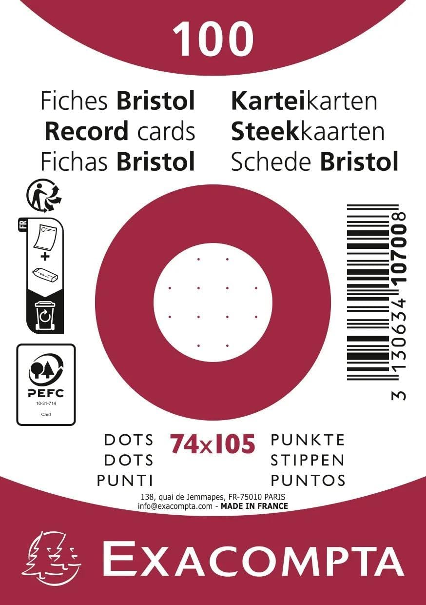 Detalle de Exacompta 10708E – Paquet de 100 fiches Bristol dots non perforé, 148 × 210 mm, papier Clairefontaine certifié PEFC