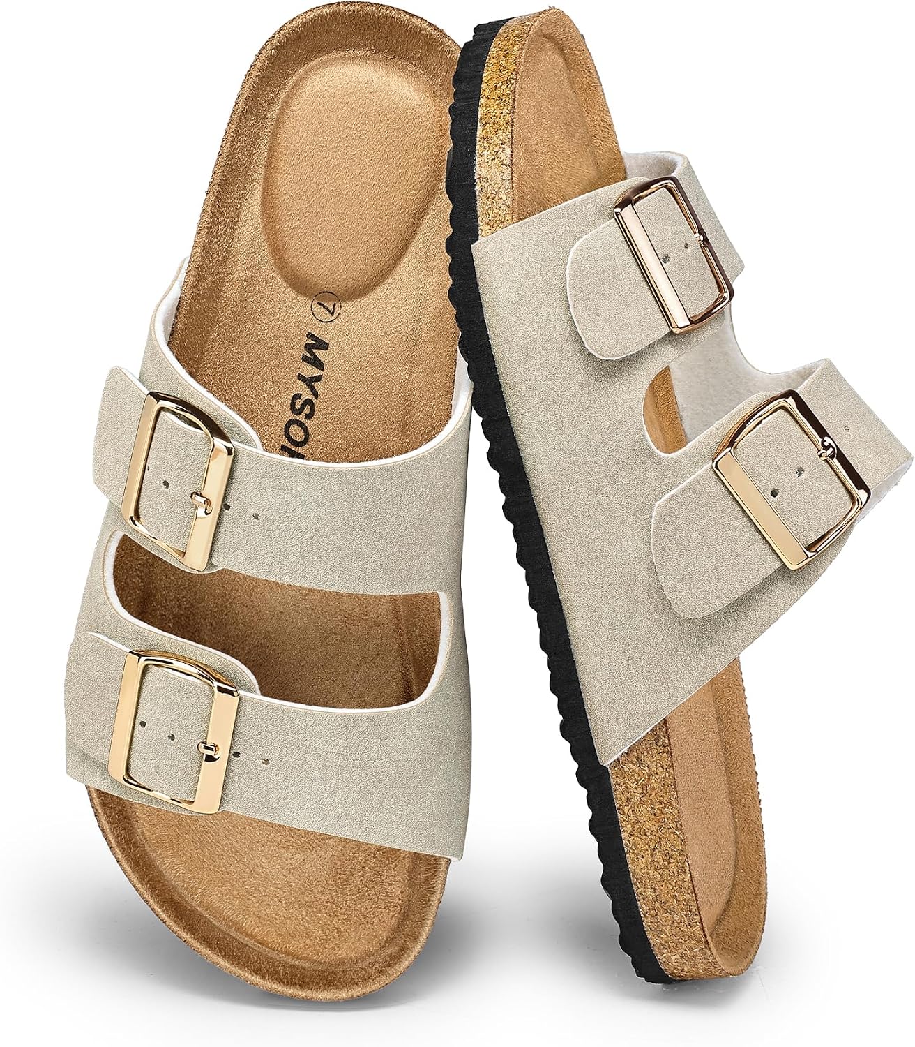 Detalle de mysoft Women's Cork Footbed 2-Strap Sandals – Comfortable, Adjustable Slip-On Slides