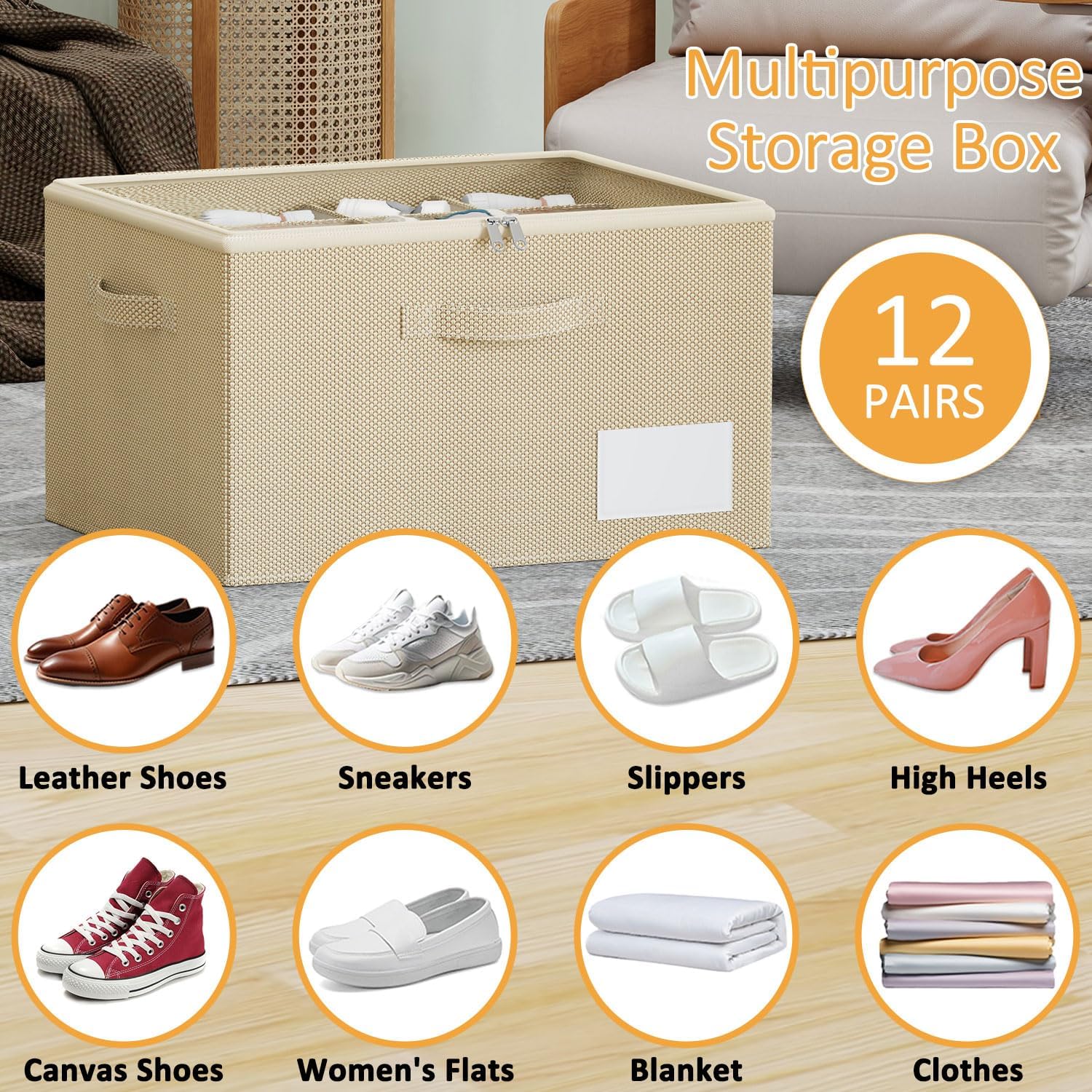 Thumbnail 2 de WANGIRL Organisateur Chaussures, 12 Paires, Boîte de Rangement Beigé avec Poignées Renforcées