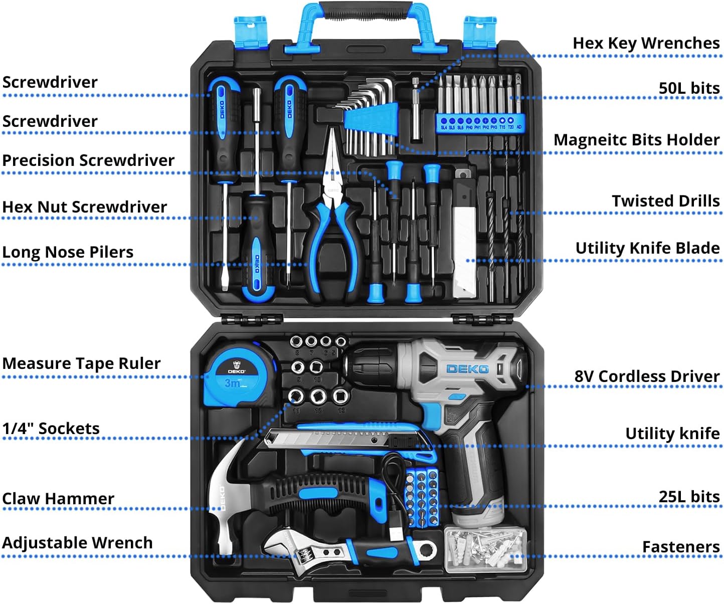Detalle 2 de DEKOPRO DKMT126BL Cordless Drill Tool Set with LED Light and Hand Tools