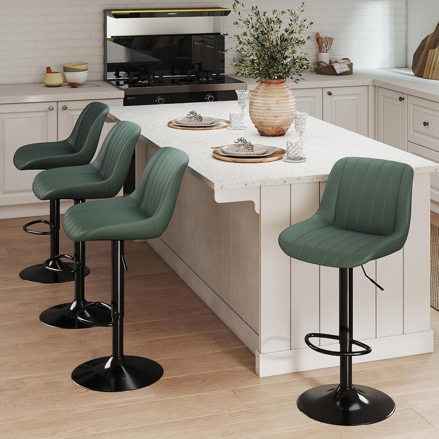Thumbnail 6 de Youhauchair Adjustable Faux Leather Bar Stools, Set of 2, Green, Swivel