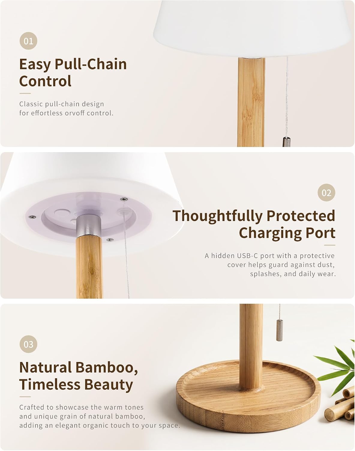 Thumbnail 3 de LuminexDesigns Rechargeable LED Table Lamp – Bamboo, Cordless with Pull-Chain, 3 Colour Temperatures (3000K-6000K)