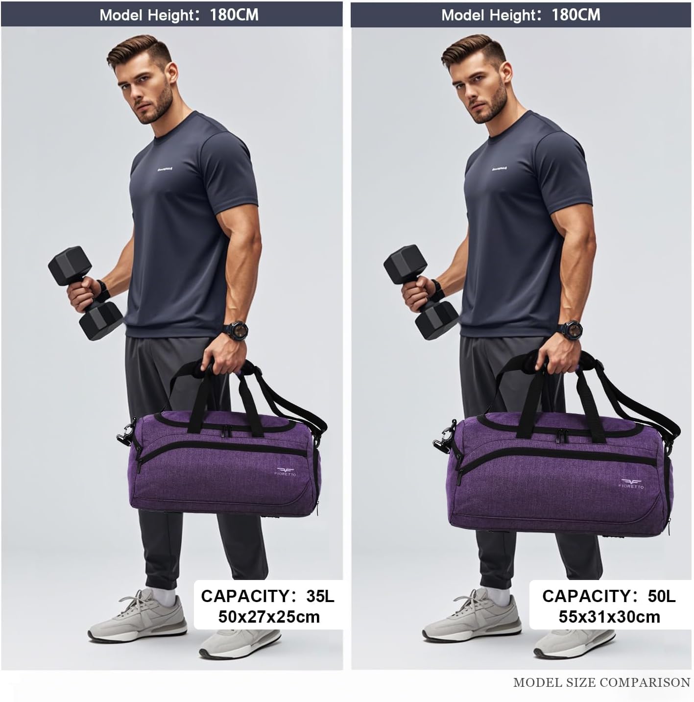 Detalle de FIORETTO 50L Sporttasche & Reisetasche mit Schuhfach und Nassfach (lila)