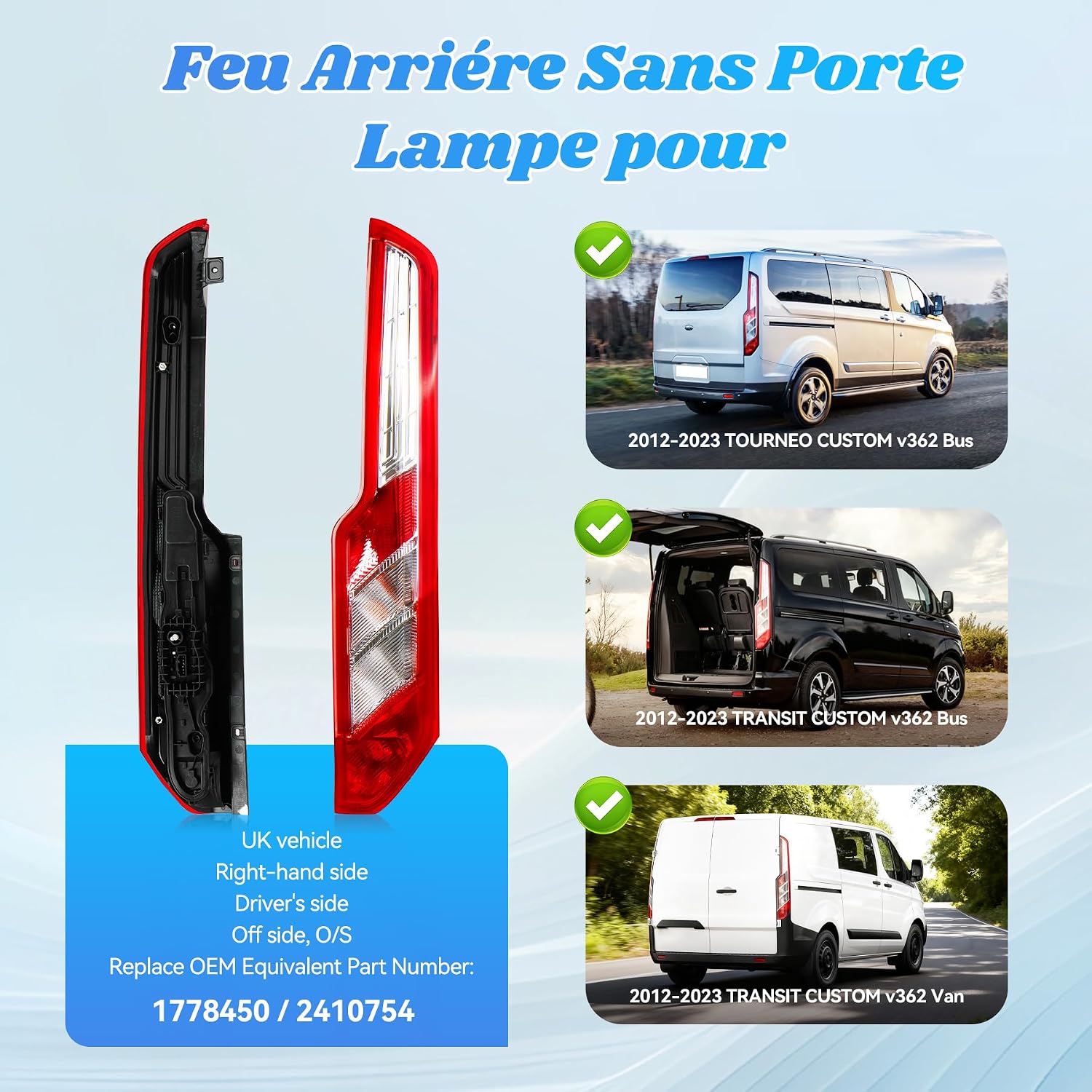 Detalle de Convitex Right Rear Light Assembly for Ford Transit Custom V362 (2012-2023) – O/S, Tourneo Custom Bus/Van
