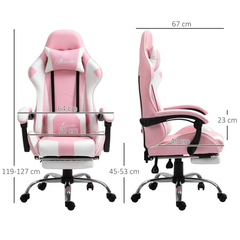 Detalle 2 de Vinsetto Silla Gaming Reclinable Rosa con Reposacabezas y Reposapiés (64x67x119-127 cm)