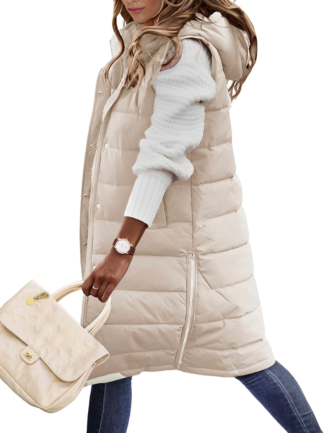 Detalle de Oleda Women's Long Hooded Puffer Vest, Quilted 100% Polyester