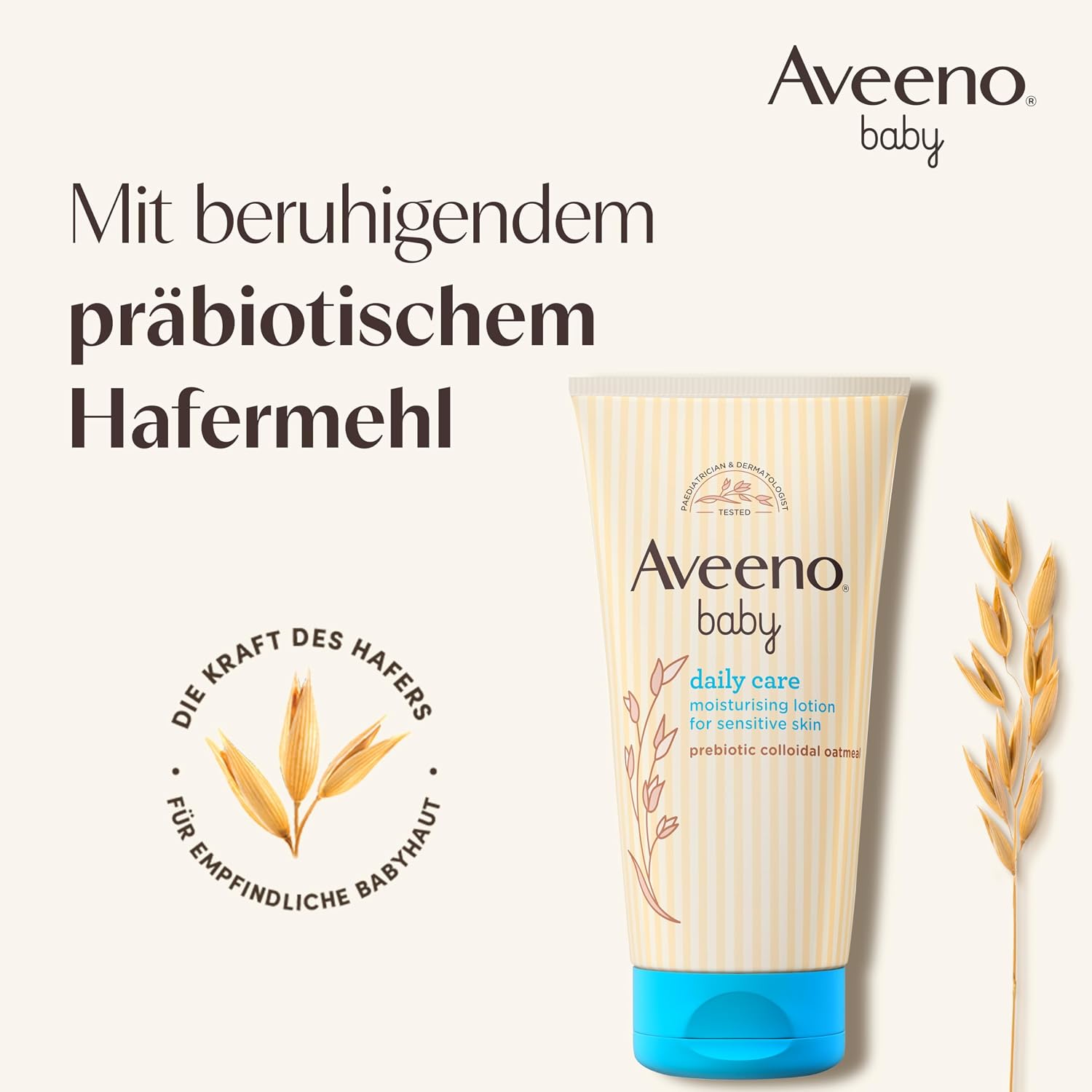 Detalle 2 de Aveeno Baby Daily Care Body Lotion mit präbiotischem kolloidalem Hafermehl (150 ml) für normale bis trockene, empfindliche Haut